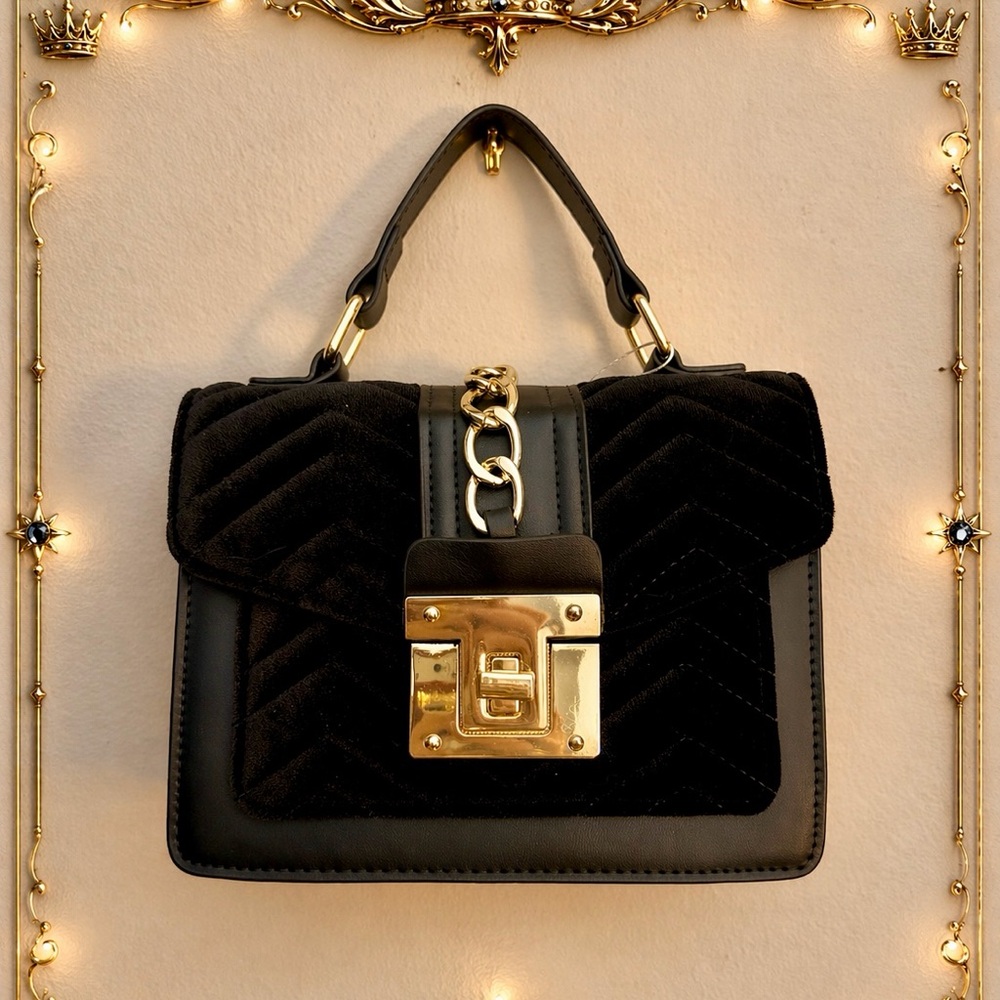 Elegant Black Velvet Quilted Mini Dress Bag with Gold Accents
